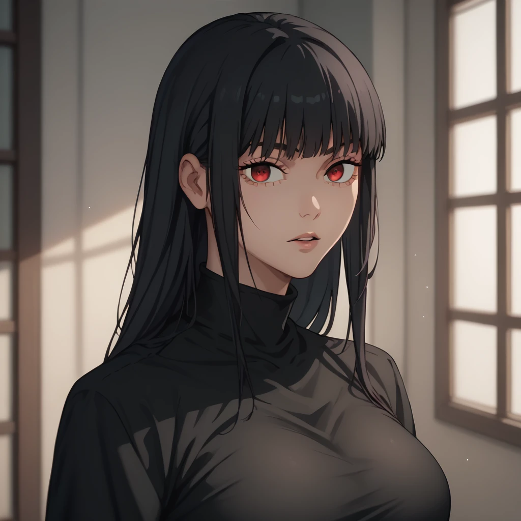 Yuki, looking at viewer,parted lips, stoic face, confident,
solo,
Yuki tsukumo,1girl,black waist length, hair,hime cut,red eyes, attractive,
Big breasts, curvy body,
long midi-length black tight-fitting gown which has fitting long sleeves and high neck.