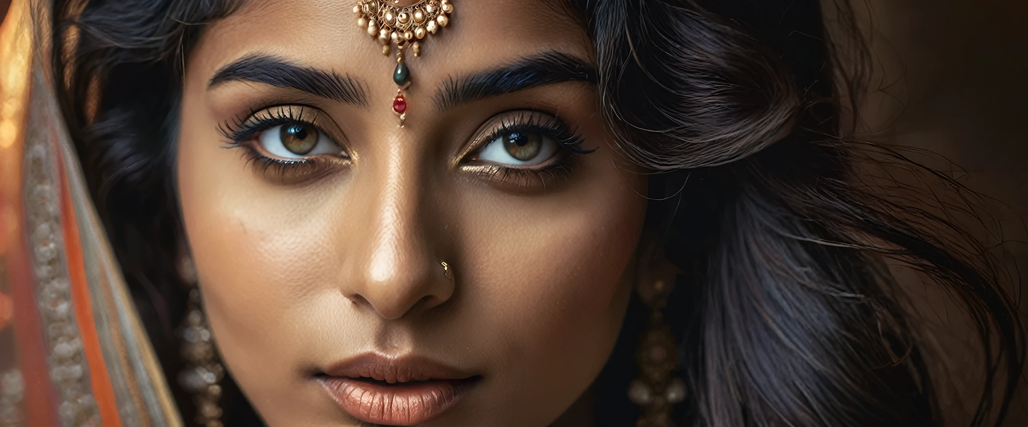 a beautiful mysterious indian woman, intricate detailed face, piercing eyes, long eyelashes, delicate skin, natural beauty, flowing hair, candid elegant pose, dramatic lighting, cinematic mood, muted color palette, chiaroscuro lighting, high quality, photorealistic, 8k, intricate details, professional rendering