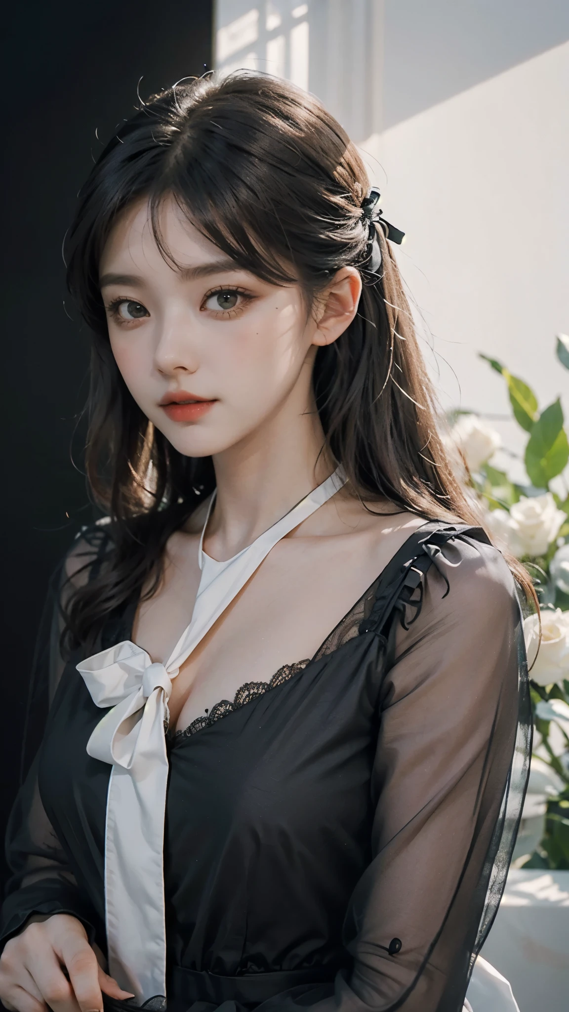 In the center of the image is the、A female character standing in an elegant gothic lolita outfit。She is turning slightly to the left。The character has silver hair with distinctive bangs and curls.、She wears a black lace headpiece and a long veil。Her makeup is dramatic、Dark eyeliner and thick lipstick accentuate her mysterious and brooding look.。
She wore a black dress with intricate lace detailing and multiple layers of ruffles.、It extends to the ankles。The bodice of the dress is decorated with a large black bow and corset-like lacing.。long sleeves、Comes with lace cuffs。She also、She wears black lace gloves that match her headpiece and veil.。
The background consists of a light-colored wall with decorative floral patterns.、It contrasts sharply with her dark outfit.。Soft, diffused light comes in from the left.、The soft lighting highlights the texture of her dress and accessories.、It creates shadows。
The overall atmosphere of the image is melancholic and elegant.、It captures the essence of Victorian-influenced Gothic fashion.。