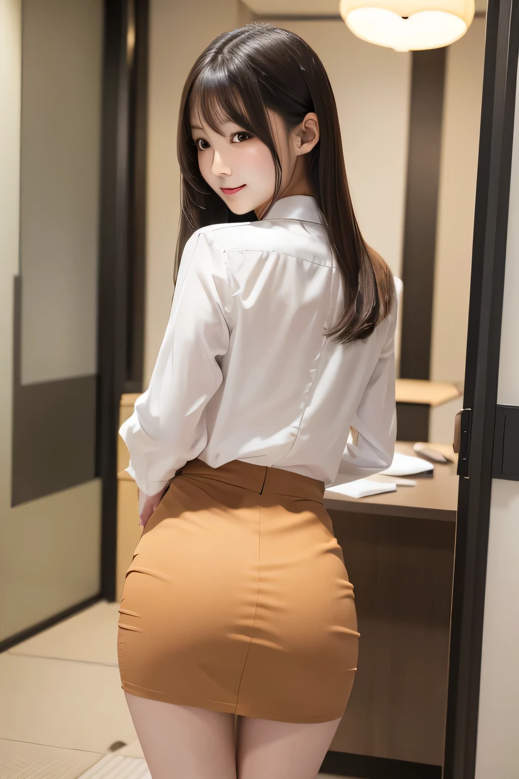 (Cute Japanese Girl), Sexy 18 year old girl, (The cutest face), Thin chest, Thin thighs, Straight hair, (office), (blouse), (tight fitting skirt), ((Sexy pose like gravure model)), back, protruding hip, 