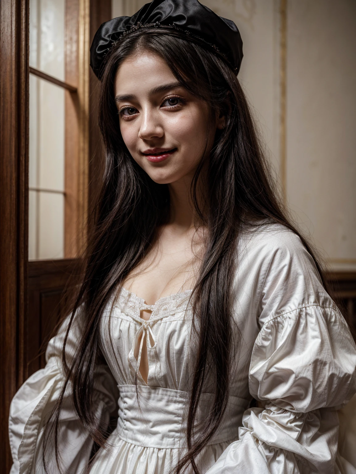 (Name: Isabella de Valois), Pretty, She is a Ghost, White clothes, Long Black Hair, Blood Liptint, White eye color, Smile opening mouth