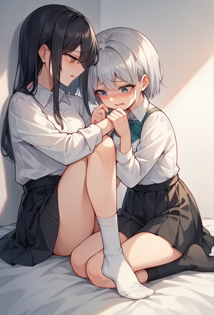 NSFW,vulgarity,Yuri[:1.5],2girls[:1.5],,Silver hair, cute girl, embarrassing, White blouse, black knee-length skirt, Black knee-high socks,Crotch grabbed,,Long Black Hair,White socks､,
