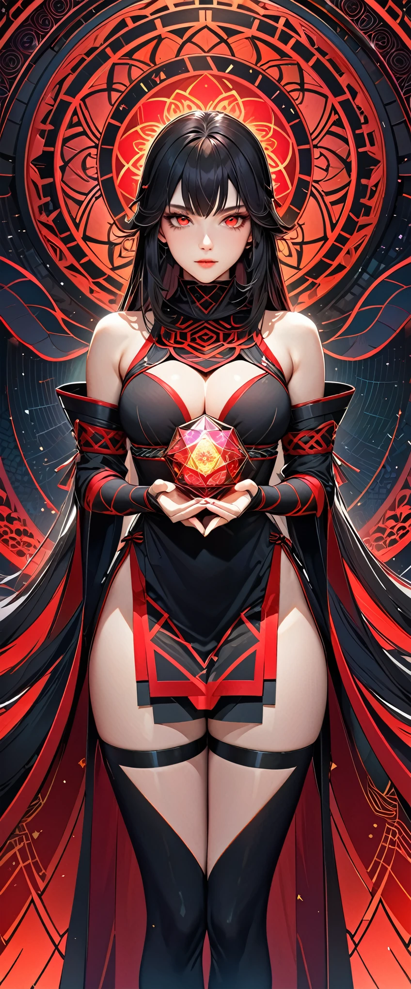 (masterpiece:1.2),(Highest quality),(Very detailed),(High resolution),8k,wallpaper,1 girl,A female ninja stands in the world of illusion.,Black Costume,look at me,(Beautiful Eyes,Red glowing eyes,Beautiful Skin,Skin Texture:1.3,Beautiful Hair),Beautiful female hands,Fine hand,(The background is a kaleidoscope-like, beautiful, geometric illusion world.),(Cowboy Shot:1.6)