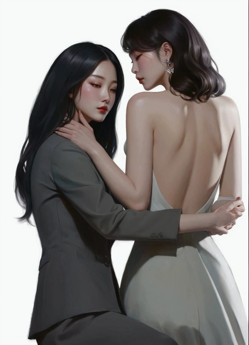 painting of two women in formal wear embracing each other, inspired By Kim Deuk-sin, In the art form of the pond, By Kim Deuk-sin, โดย Jeong Seon, inspired By Jeon Seok Lee, Digital art of elegance, two women, By Yang J, beautiful art illustrations, Lesbian Art, By Jeon Seok Lee