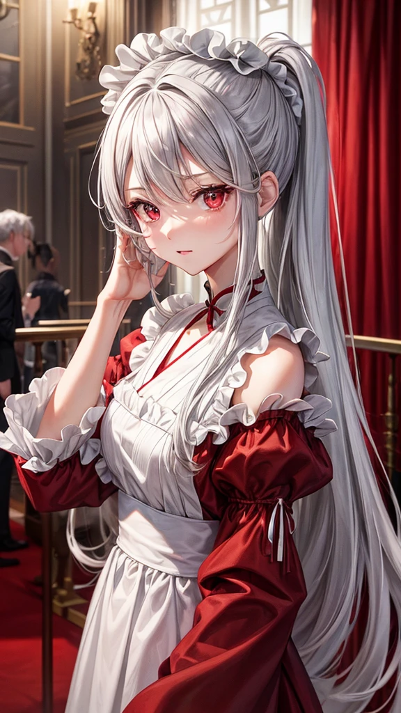 Gray Hair、Long Ponytail、Red eyes、Girl、Red maid outfit、Luxurious mansion、front、Watching the audience、Only one person、masterpiece、Highest quality、4K、