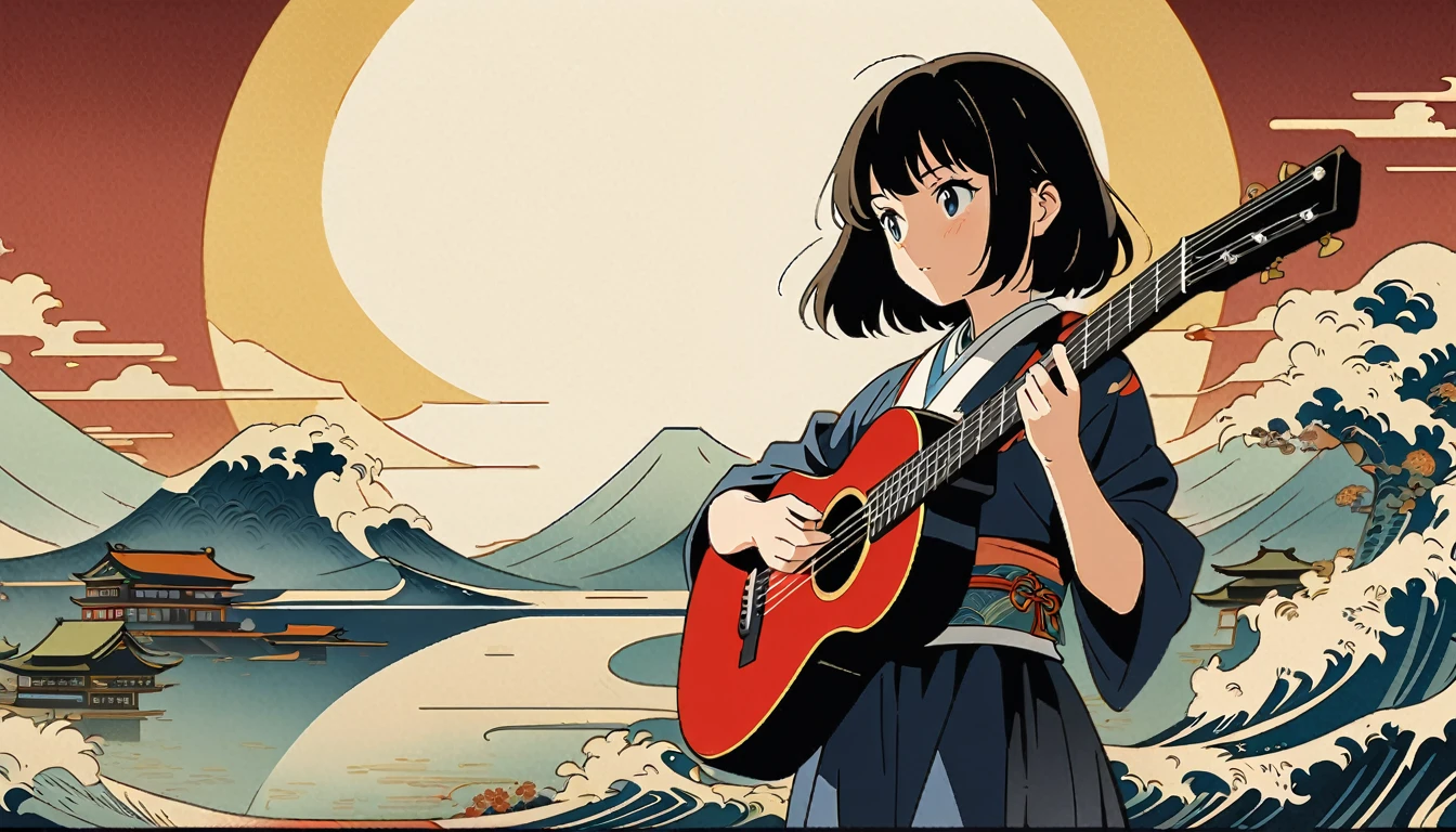 Anime girl with a guitar and the sun in the background, Japanese art style, Anime Cover, Official artwork, Anime-style illustrations, Anime atmosphere, Anime Style 4k, In the Ukiyo-e art style, Girl playing guitar, Anime Graphic Illustration, Anime-style artwork, Japanese anime, Gweiz-style artwork, Japanese anime style