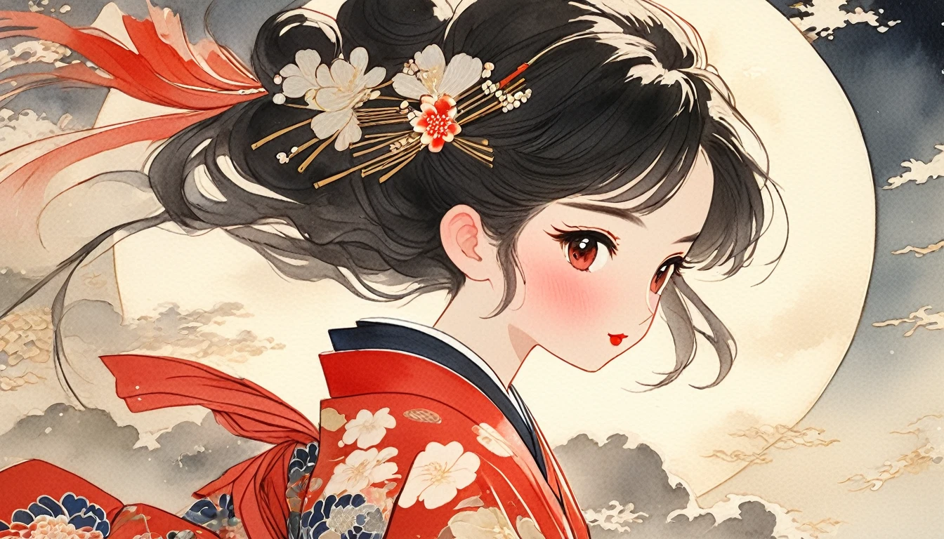 (((beautiful girl))), (((Red cheeks))),(((Pixie Cut))) ,(((giggle))),(((Huge full moon)),(((soil))), (((Looking down from above:1.8))), ((((Upturned eyes :1.5))),(((night))), (Lips are red:1.5),20-year-old, watercolor, masterpiece, Highest quality, Very delicate and beautiful girl,Very delicate and beautiful, world masterpiece theater, Very detailedな, Very detailedな, Highest quality,(((Fancy red kimono)))。 (((Black Hair))), (((Upper Body))), High resolution, Very detailed, Highest quality, shape, masterpiece, Highest quality, Accuracy, A woman in her twenties from the late Edo period, He has a modern anime-like face.