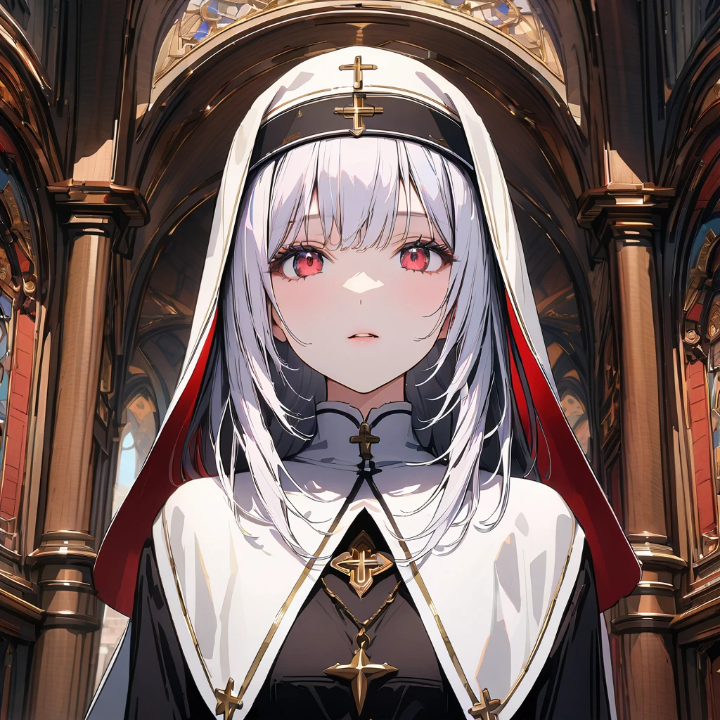White and red nun, face up, 4k, UHD, detailed background, detailed depiction, ultra quality, detailed background, beautiful face,