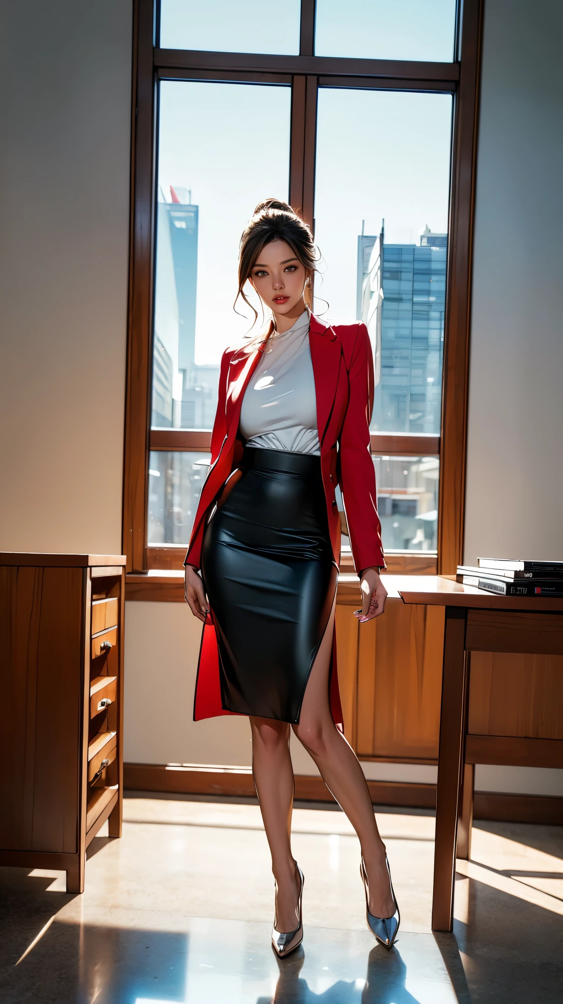(best quality,4k,highres,masterpiece:1.2)),((character concept art)),female CEO,red velvet blazer,short fit black pencil skirt,confident gaze,seductive smile,luxurious office,modern interior design,elegant hairstyle,well-manicured nails,high heels,immaculate makeup,expensive accessories,dominant posture,natural sunlight,city skyline view,powerful aura,vibrant red colors,sleek architecture,sharp focus on details,professional ambiance,successful businesswoman,sophisticated elegance,commanding presence,crafted wooden desk,leather chair,impressive artwork hanging on the wall,impeccable fashion sense,meticulously arranged files,steel and glass structure,reflection on glossy surfaces,gleaming silver accents,subtle shadow play,graceful movements,confidently walking,aura of mystery,empowered woman,limitless potential,breathtaking confidence,inspiring success,worldly achievement,unyielding determination,luxury lifestyle,entrepreneurial spirit,extraordinary vision. ((intricate detail)), super finely detailed hands, ultra finely detailed fingers(((ten fingers))), (standing confidently), (full body showcase), (show full body), (no logos on background), (no logo), ((plain background)), ((plain background)), (((empty background))).