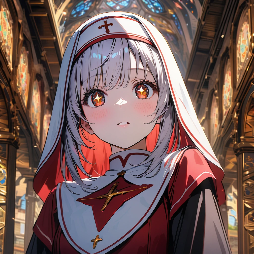 White and red nun, face up, 4k, UHD, detailed background, detailed depiction, ultra quality, detailed background, beautiful face, sparkling eyes,