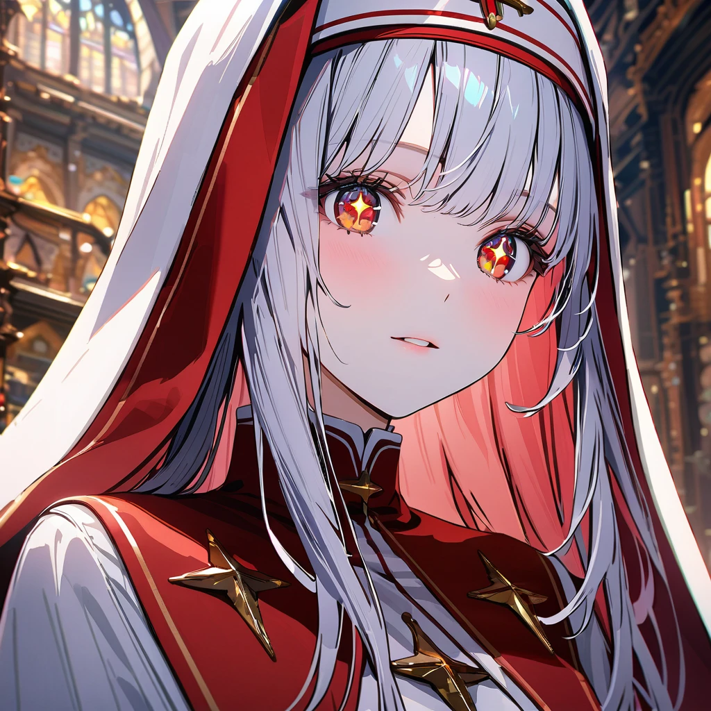 White and red nun, face up, 4k, UHD, detailed background, detailed depiction, ultra quality, detailed background, beautiful face, sparkling eyes,