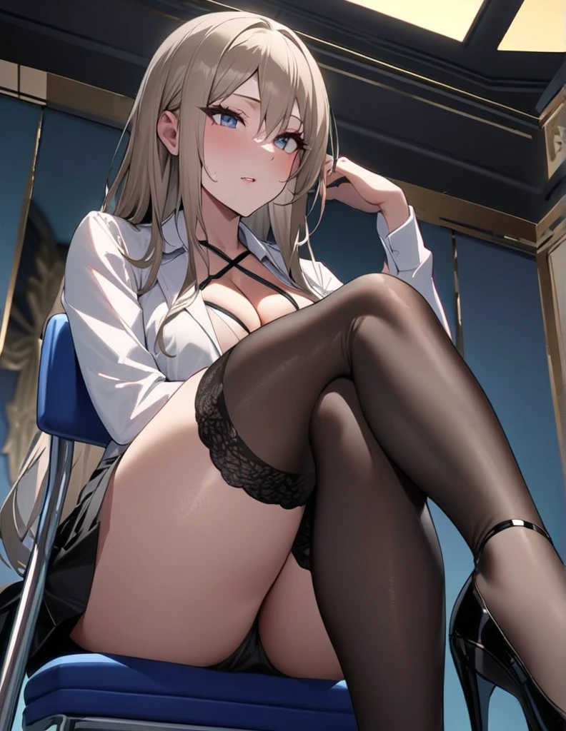 (Highest quality, High resolution, Very detailed, 16K)Presidential Palace at night、female secretary、White shirt、Black tight skirt with slits、Black thigh-high socks、High heels、Cleavage、Low Angle、Sit on a chair and cross your legs、sexy、Low - Angle