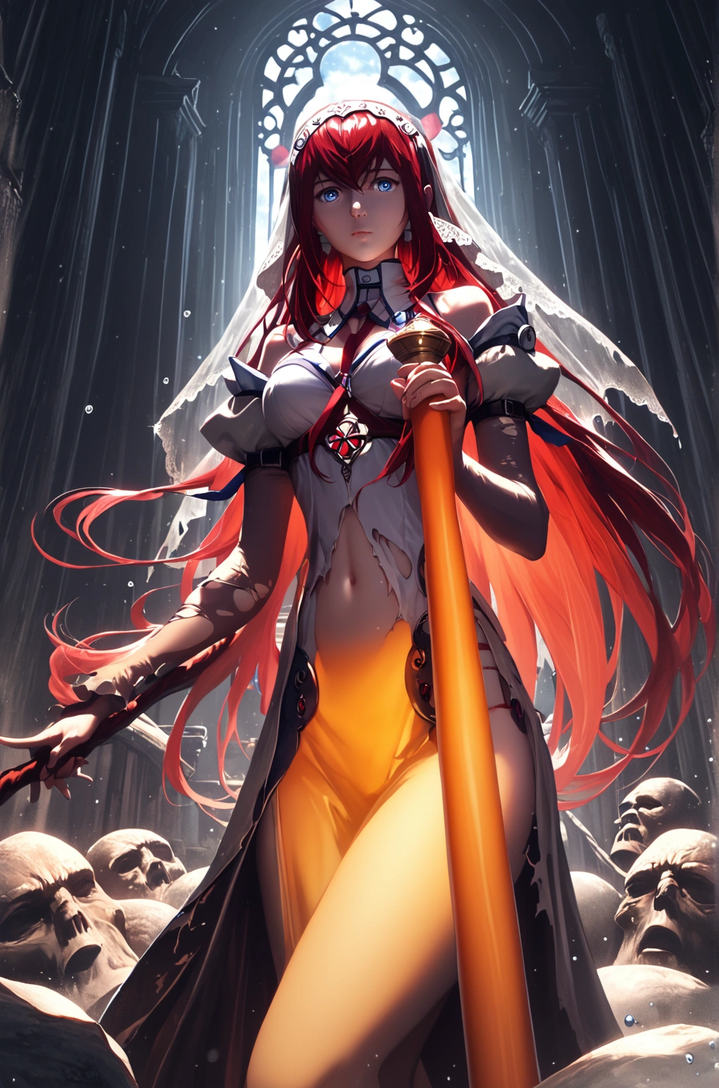 score_9, score_8_up, score_7_up, score_6_up, score_5_up, score_4_up, uncensored, makise kurisu, red hair, long hair, dark-blue eyes, black pupils, BREAK (masterpiece:1.2), best quality, high resolution, (detailed eyes:1.3), perfect lighting, (perfect hands, perfect anatomy), 1girls, holding, female focus, book, staff, floating, robe, open book, holding staff, veil, navel, elbow gloves, torn clothes, water drop, temple, rock, starry sky, dusty, wind art,