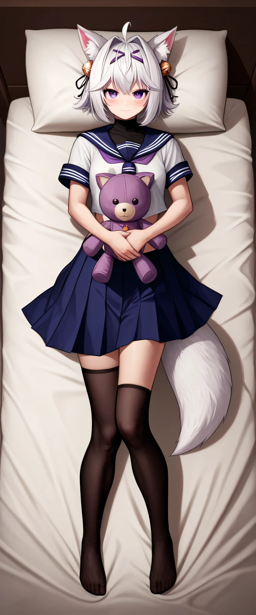 Dakimakura, UHD, Masterpiece, best quality, detailed, sharp focus, midnight, ((studio lighting)), front light, full body light, well-lit face, soft light, diffuse light, shade, no shadow, messy bed, lying on bed, 1girl, solo, filian, fox tail, cat ears. white hair, short hair, ahoge, hair clip, hair bell, big round eyes, deep purple eyes, ((dark purple eyes)), blush, closed mouth, light smile, small breast, ((holding big cat stuffed toy)), ((hidden hand)), serafuku, swimsuit under clothes, covered navel, blue skirt, black thighhigh, slim arms, slim legs, Eye-Level shot, full body pose, innocent pose, front view