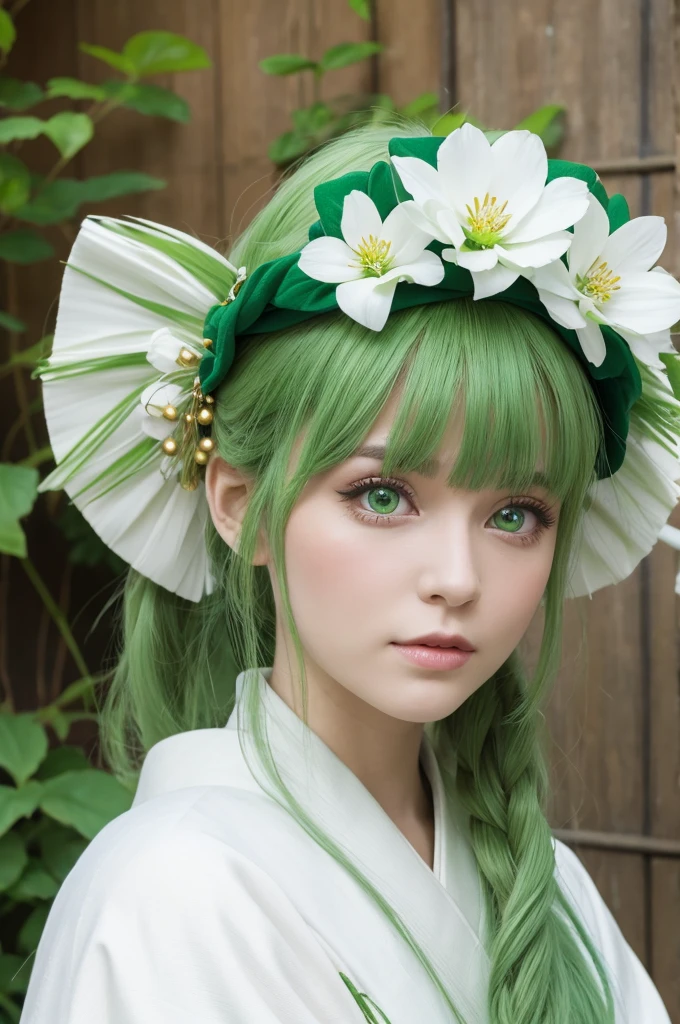 Green eyes, green hair, long hair, beautiful white woman, kimono, flower on head