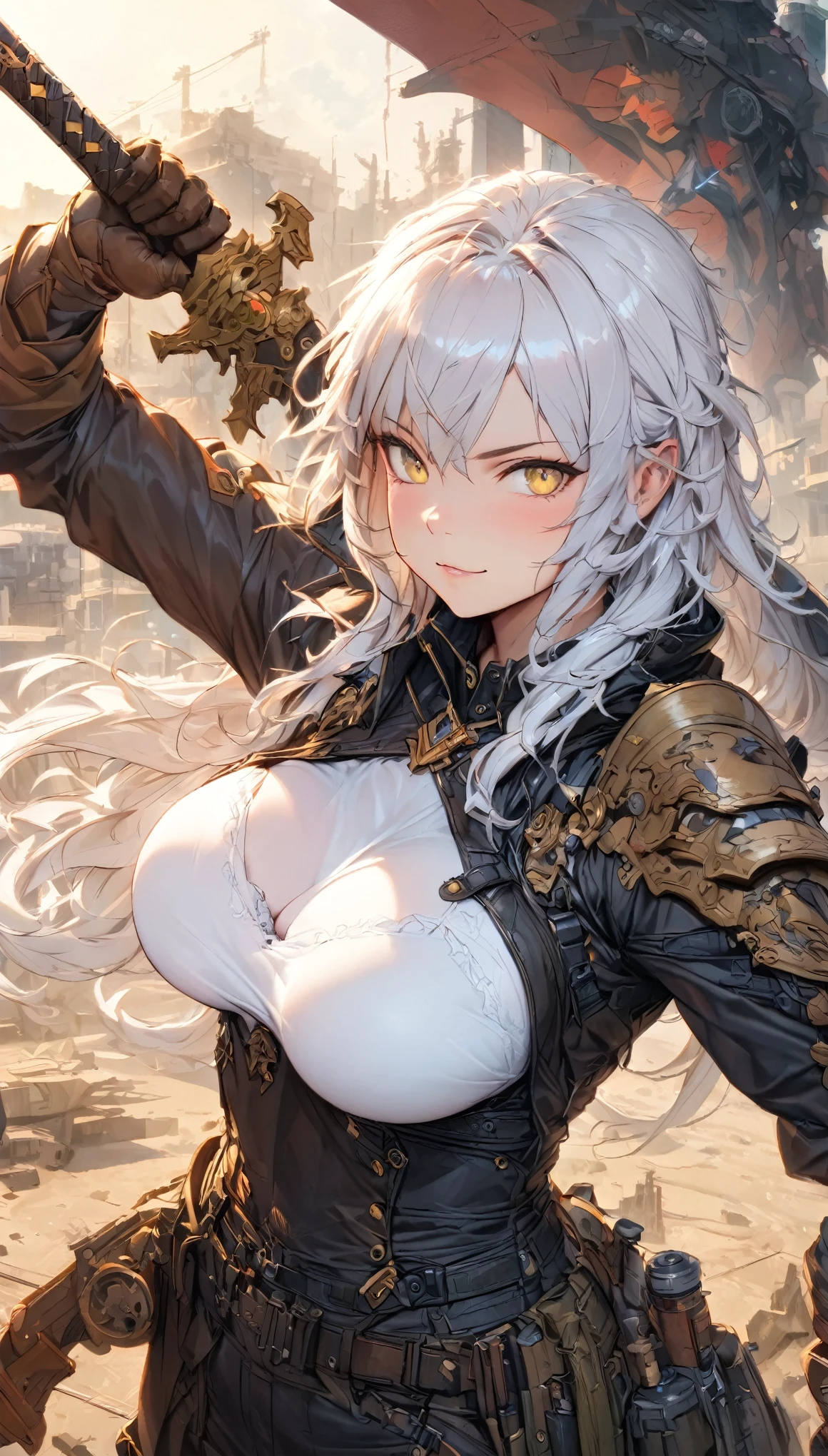 best quality,4k,8k,highres,masterpiece:1.2),ultra-detailed, extremely detailed eyes, extremely detailed body, (large masterpiece digital art), (detailed manga illustration), (detailed line art), ((perfect anatomy)), (intricate details:1.3), (ultra-detailed:1.3), (illustration:1.3), (sharp focus:1.3), (natural lighting:1.05), (vivid colors:1.3),(masterpiece), (best quality:1.4), (perfect anatomy:1.4), high quality, expressive eyes, full body, detailed face, beautiful face, perfect face, 1 girl, breasts, gloves, (large breasts), military uniform, black jacket, jacket, very long hair, ({pale skin}), detailed ((silver hair)), yellow eyes, hourglass physique, gray pants, pants, thick thighs, toned, dynamic lighting, 4k resolution, dynamic pose, smirk, , weapon, Sword, belt, glove, shoulder armor, boots, hand guard, delicate\(armor\), Atey Ghailan, Jeremy Mann, Greg Manchess, Antonio Moro, trend in ArtStation, trend in CGSociety, Intricate, High Detail, Sharp focus, dramatic and photorealistic painting art by Midjourney and Greg Rutkowski, Jeff Bridges, ((cartoon style)), Marvel Cinematic Universe style, (((military base in the background))),