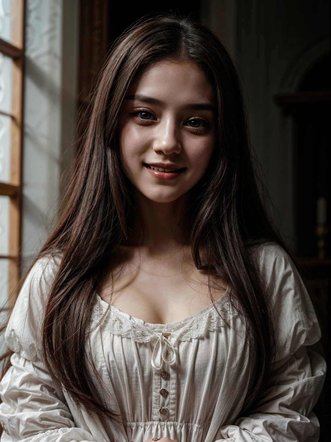 (Name: Isabella de Valois), Pretty, She is a Ghost, White clothes, Long Black Hair, Blood Liptint, White Blind eye , Smile opening mouth, Angelic Face Beautiful