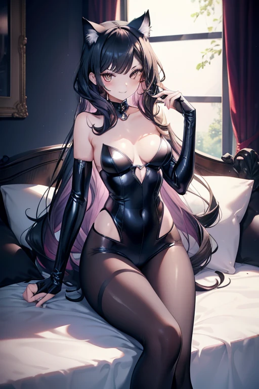 Catwoman，Cat ear,A perfect face without pants,Glowing Skin,Beautiful long hair,Exposing shoulders，The body is slim，Very sexy figure，Seductive pose,White shirt，Happy long legs