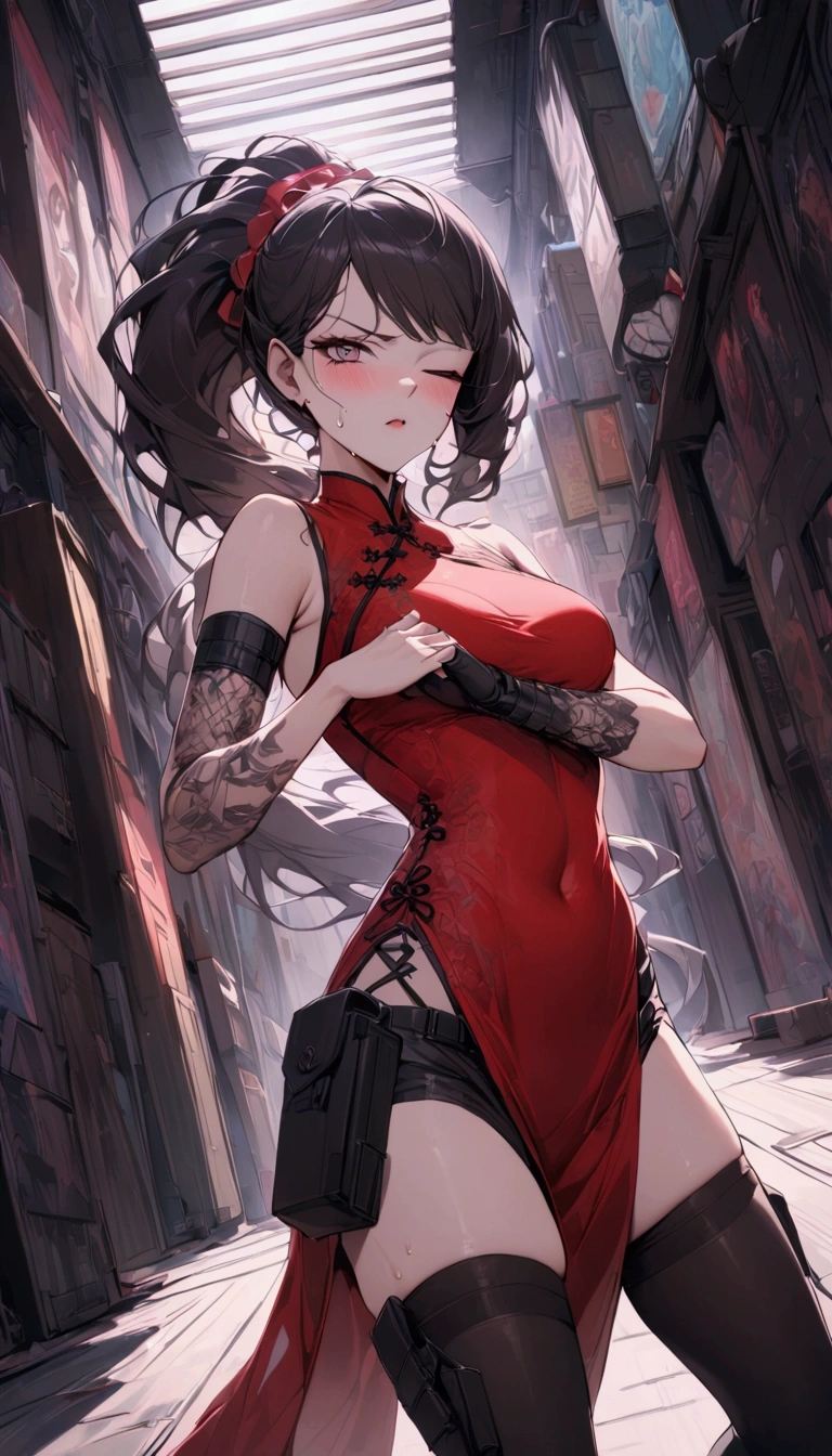Dynamic composition,dutch angle,from side,{{masterpiece}}, {{{Highest quality}}},{{Very detailed}},{{Fight}},{{fighting stance:1.6}},{{critical situation:1.6}},{{hold down one's stomach with one's hands:1.6}},1girl,30years old,{Mature Woman}},cyberpunk,{{RED Chinese clothing:1.2}},Red sleeveless Chinese dress,pelvic curtain,black stockings,belt,black fingerless gloves,Lace arm covers,holster,{{Grit your teeth:1.4}},one eye closed, ,{{v-shaped eyebrows}},Bad mood,blush,Sweat,raise one's eyebrows ,{{View your viewers}}、Very long long hair in a ponytail.abdominal pain ,{{pain}},Inside the dojo,indoor