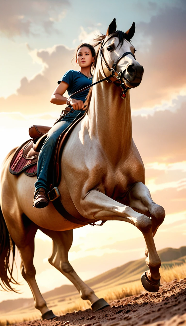 a cowgirl on horse, back view, (low angle shot:1.5), from ground, cinematic shot, realistic photography, photorealistic, photo-realistic, 8k, extremely detailed, intricate details, sharp focus, natural lighting, warm color tones, beautiful scenery, rolling hills, dramatic sky, moody atmosphere