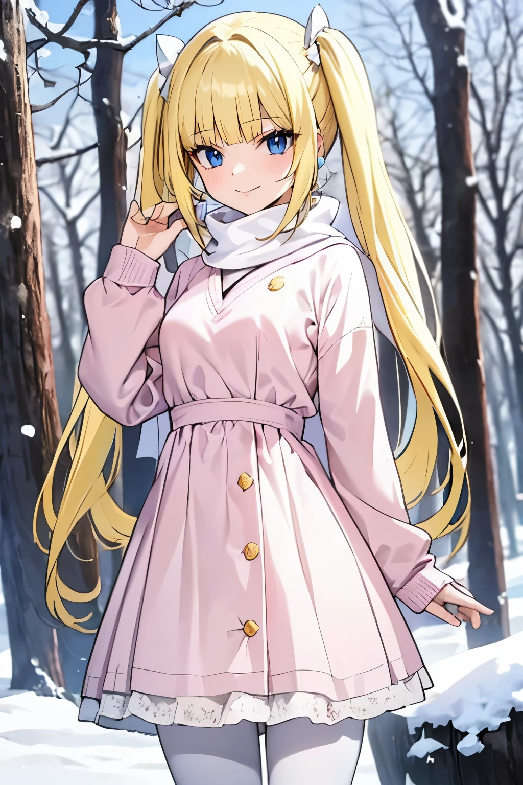 Safe for work, masterpiece, best quality, solo, 1 girl, cute girl, wholesome girl, (young female body:1.4), ( medium small breasts), cowboy shot, shy smile, flustered, yellow hair, voluminous wavy hair, extra long hair, hime cut, very blunt bangs, light blue eyes, detailed eyes, snowy forest trees, snow, knit sweater dress, light pink sweater dress, scarf, white pantyhose, pink sweater dress, knit dress, pigtails