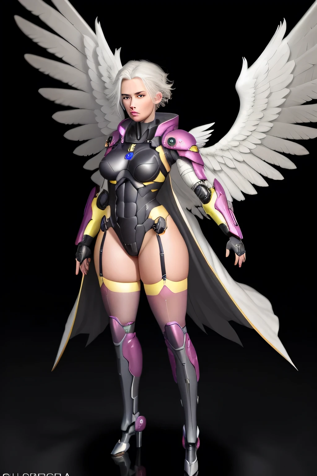 8K ultra realistic , High detail,.Beautiful, women, Trixie Cara sexy, yellow eyes, by white, Skinny body, white hair with light blue rays bare head to the wind Bare Head,perfect lips, perfect eyes, Wings angels, pose sexy, pink stockings, mecha, neon sign, led night city, seen from above, high quality, realist, beautiful light, full detail, Black background. 18-year, forest galactic level 27, full body, background skull cavern