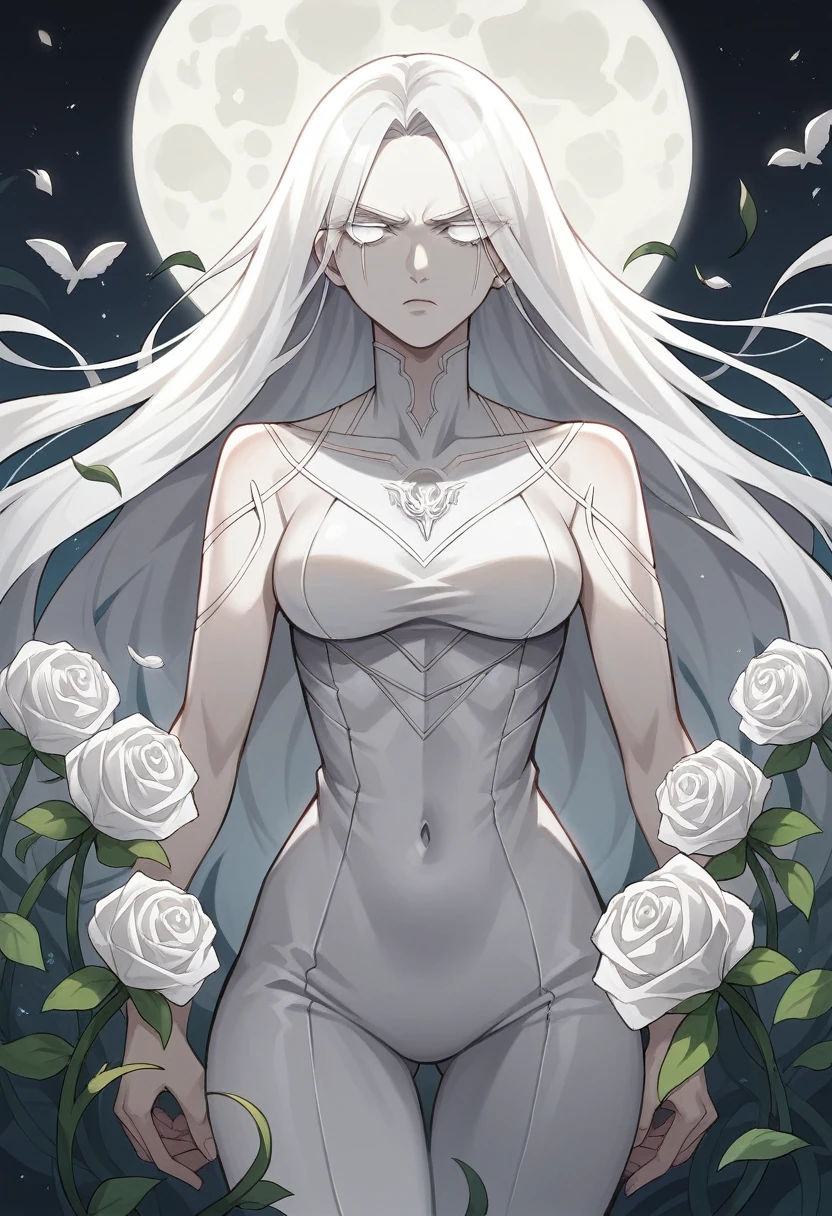 masterpiece, Highest quality, (alone focus), (Perfect Face:1.1), (Attention to detail:1.1),dramatic, (an alluring albino angel guy with long flowing pure white hair and piercing White eyes),1 person, (Pale skin), Long Hair, White eyes,  alone, Long Hair, moon, night, White luxury suit, Covered navel, Pouting, Covered, Future City, Detailed Background, Artgerm Cinema Lighting, Roses and vines, fashion, Balenciaga Style