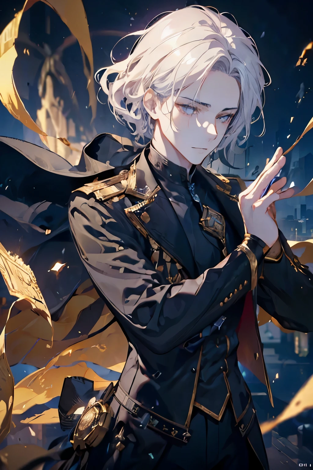 (Golden Ratio:1.2), particles, wind, cinematic light, digital art, 8K, octane render, black hair, black haired man, masterpiece, detailed face, detailed hair, best quality, Obra maestra, mejor calidad, cowboy shot, hazel eyes, solo male