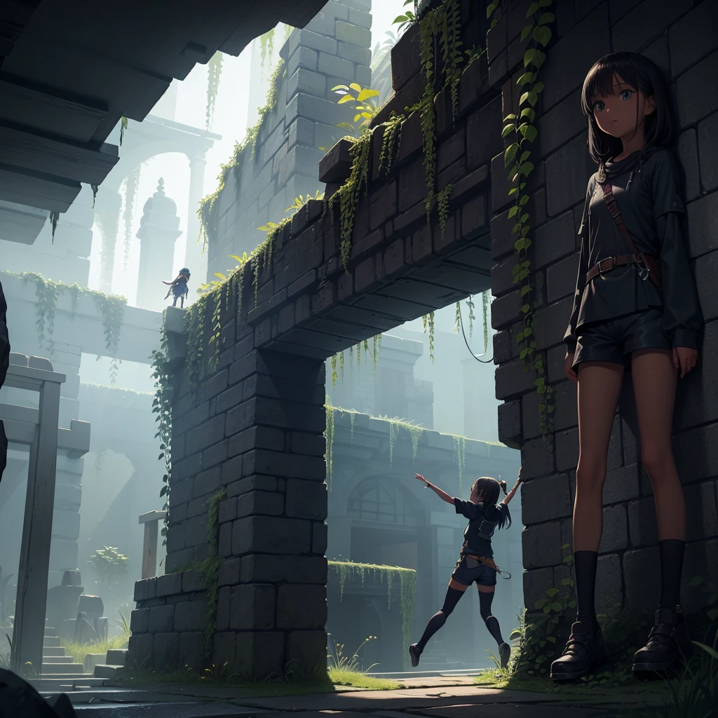 最high quality、high quality、Simple cloth clothing、10Year old girl adventurer、Climb the maze stairs、Shorts、Equipped with a dagger and a shield、In a dark maze、The body is being swallowed by slime