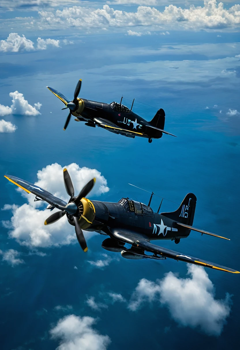 8K quality, ultra-high definition and realistic, carrier-based F4-U Corsair fighter, during World War II, on the way to attack Peleliu Island over the Pacific Ocean, overcast sky with many clouds, dark shadows, light shining from diagonally behind, the silhouette of an island can be seen ahead of the Corsair's direction of travel, the camera captures the Corsair fighter in flight from diagonally above.