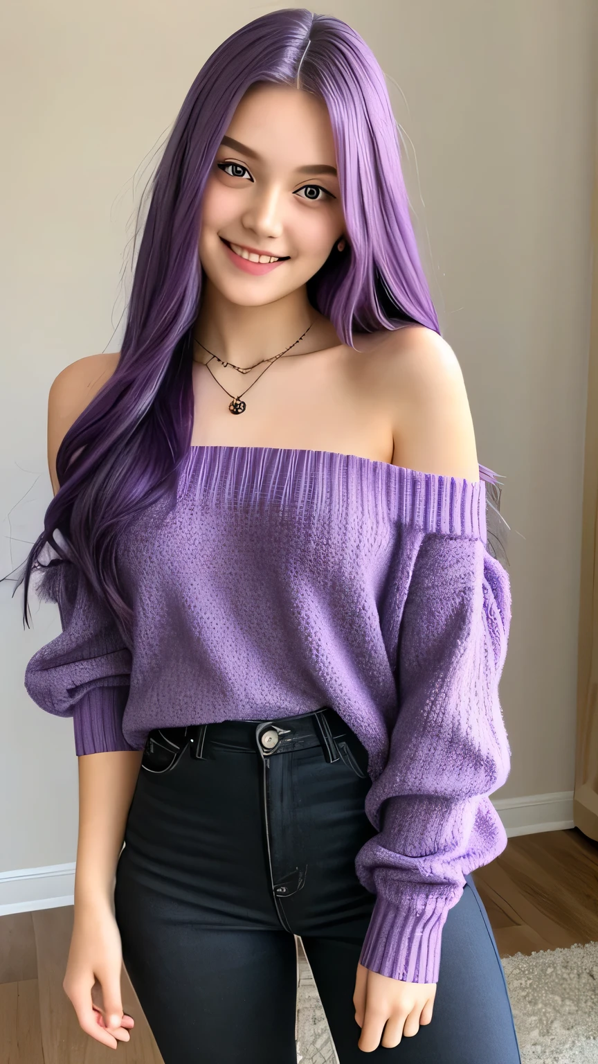 1girl in, age19, Solo, Long purple hair, Colossal , Looking at Viewer, blondehair, Bare shoulders, Brown eyes, jewely, Full body, a necklace, off shoulders,light purple Sweaters, Realistic, A sexy,hot pose,burst smile,happy