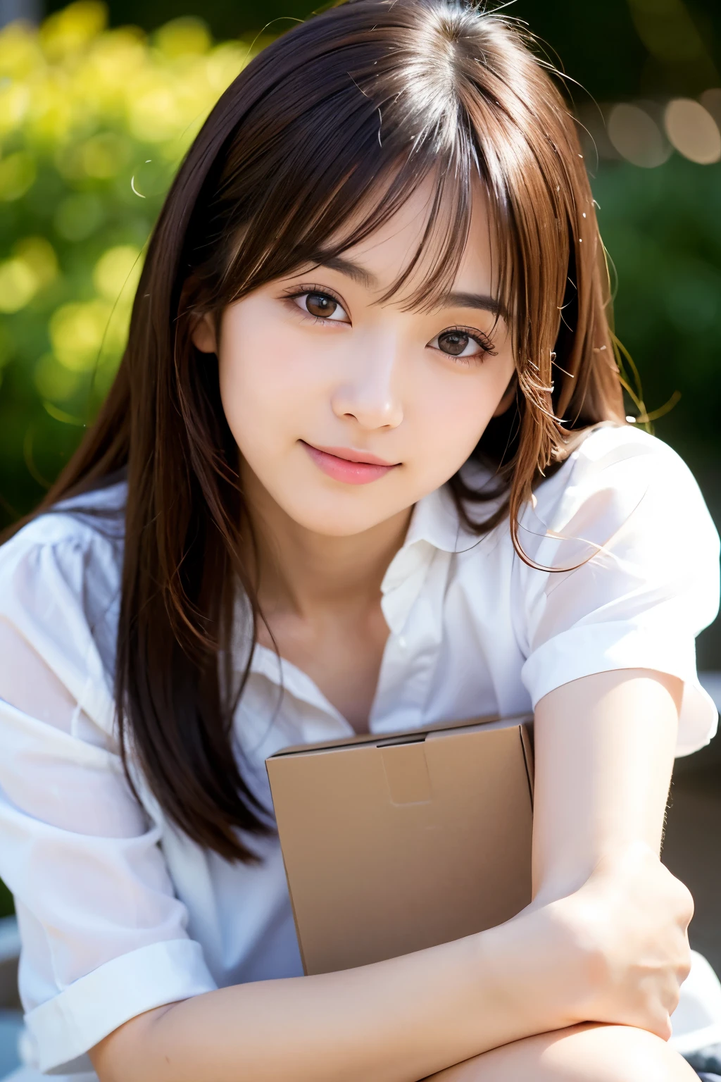 Highest quality, Soft Light, Ultra-high resolution, (Realistic:1.4), RAW Photos, Japanese girl, alone, cute, (A shy smile:0.5), (Brown eyes, Light in your eyes), Beautiful face in every detail, (Small box),(High resolution detail of human skin texture), uniform,sexy
