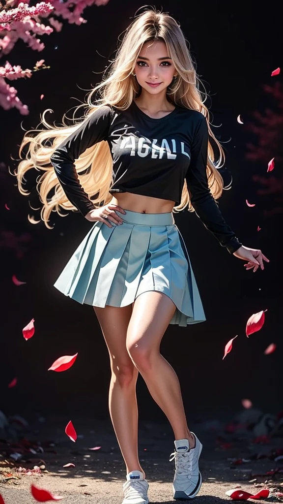 realistic image, detailed image, coherent image, 1 beautiful girl, she has very long hair, white hair, light blue eyes, smiling expression. She is wearing a long-sleeved t-shirt, showing her navel, a pleated miniskirt, sneakers, She has a curvy body, medium breasts and thick thighs, She is posing sensually, lifting her skirt a little, arching her back, black background, uniform background, starry night, flower petals falling around, Soft focus, full body view, Dramatic shadows, Volumetric lighting, natural lighting,Alisa Mikhailovna Kujou,ahoge