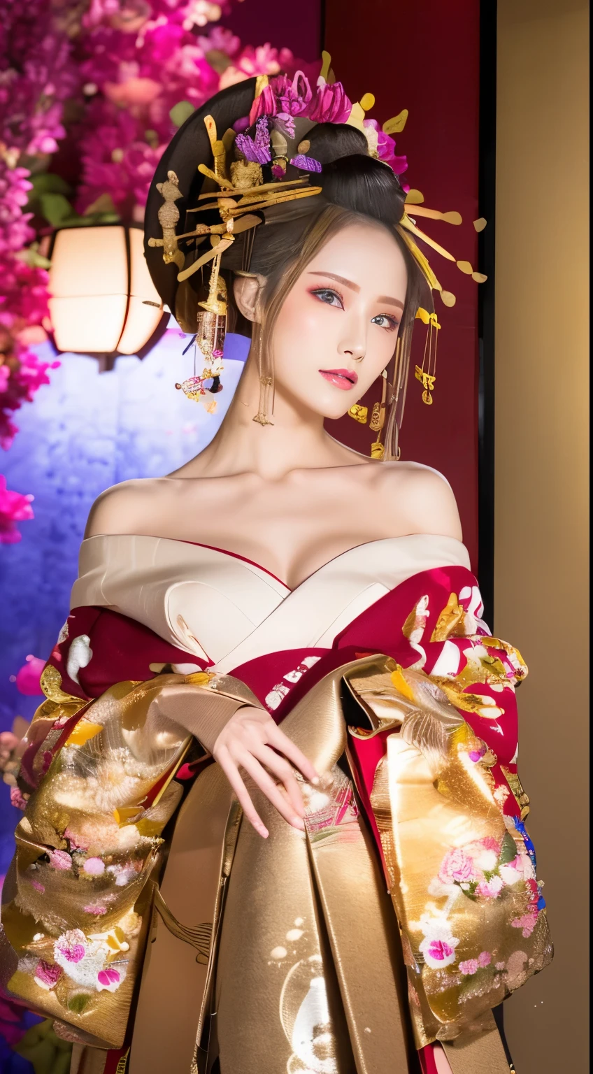 ((masterpiece(:1.4)，Highest quality，Ultra-high resolution，Highest quality，8k，Extremely detailed，In detail))。night，Japanese，(A beautiful woman)，glossy，slim，Large Breasts(1.6)，sexy，glamorous，((Golden Ratio Style，Perfect Style))，Narrow waist，Flashy gal makeup，Japanese garden，Oiran，Prostitute，Sunny day outfit，Uchikake，Gold brocade，((A gorgeous kimono))，A cutting board belt tied in front，Hair tying，hairpin，hair ornaments，Gorgeous costumes，Beautiful standing posture，Presence，Exude sex appeal，looking at the camera，Show off your style，