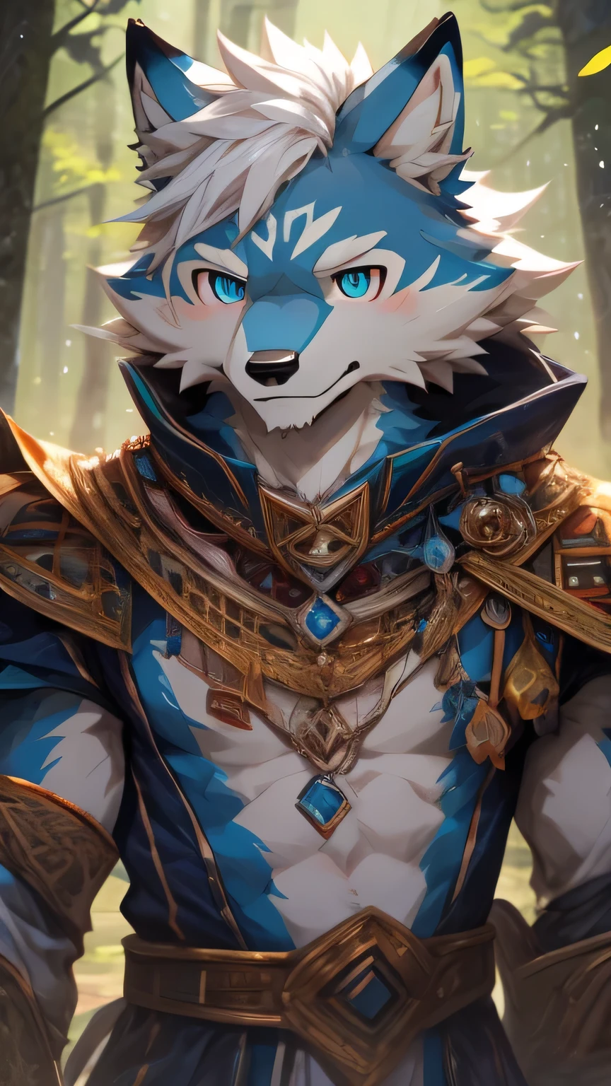 White fur,White Wolf Orc,Blue pupils,medium height,Thin body type,White hair,White Wolf Orc,short hair,Croak,male,Exquisite eyes,Forest Background,Wolf,4K,8k,White hair,White forehead,petal