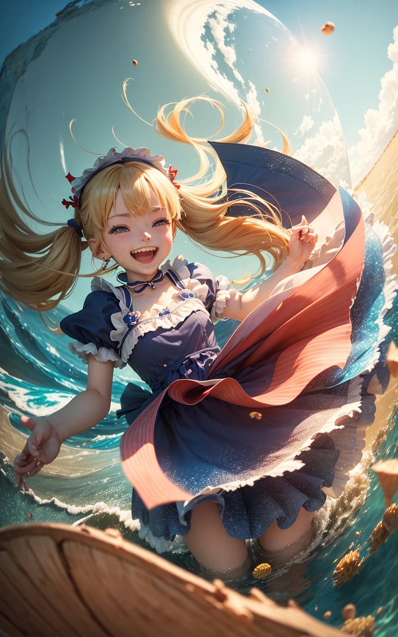 ((Rendering of cute 3D anime slender girl,Half moon evening background,Blue maid outfit with red earrings and blonde twin tails floating in the sea and smiling))、Blue eyes float,, Selfie wind, Angle from below,(((Shooting with a fisheye lens))),Angle from the front,Looking up at the sky, a closeup, summertime, 8K portrait rendering, Smooth Anime CG Art, Rin,((great laughter))