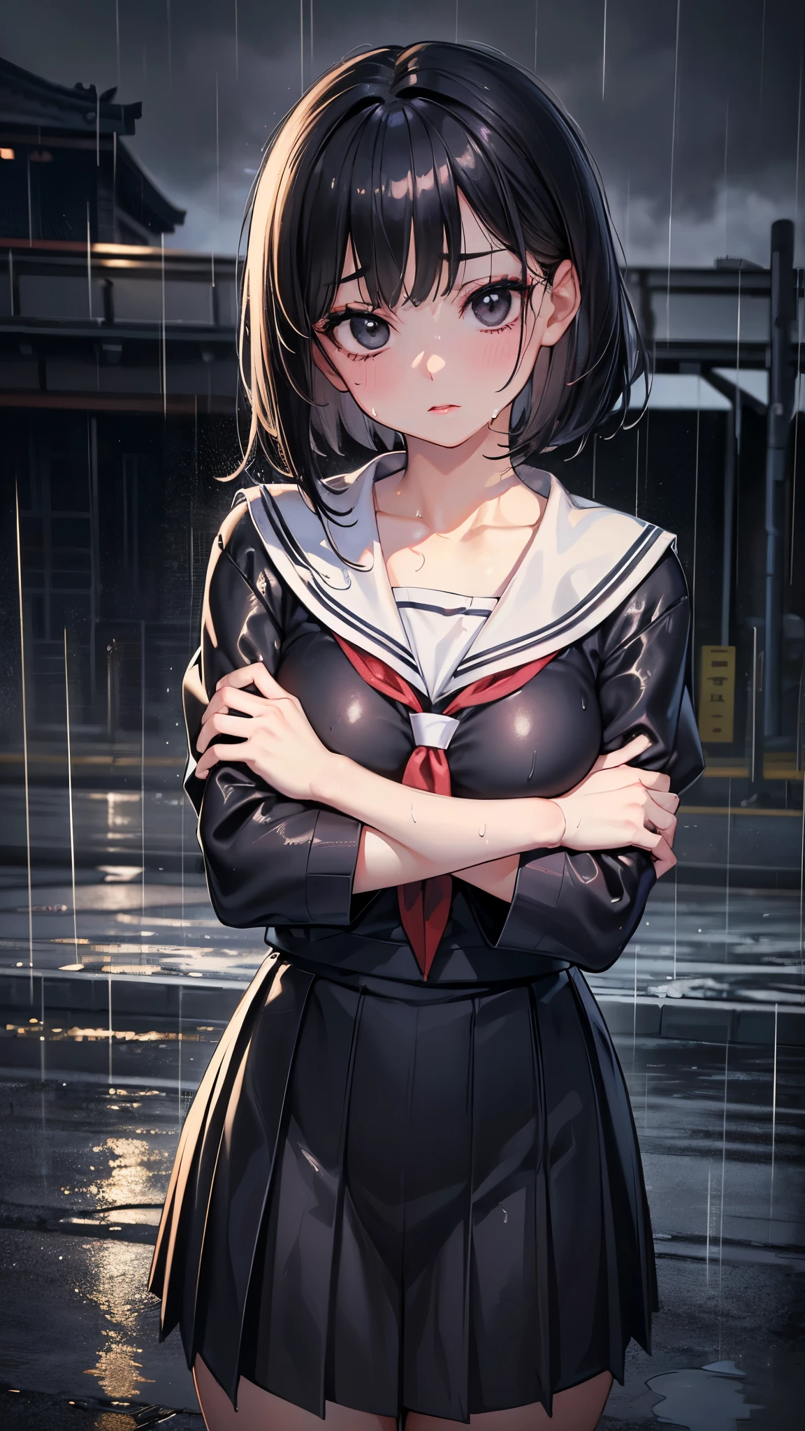 (masterpiece, 最high quality, 超High resolution, Very detailed), (Realistic:1.1, photoRealistic:1.4), Perfect illustration, Perfect lighting,Hair in perfect detail, Perfect and detailed face, Perfect collarbone, Perfect body,Juicy breasts, Perfect Thighs, Beautiful feet, View your viewers, 1 Girl,Perfect Face, (Perfect Anatomy, Anatomically correct), Symmetrical face、((Shiny Hair)),Sexy Body、(masterpiece),(最high quality:1.3),8k,Very clear,(Ultra-realistic),,Captivating woman,(high quality, High resolution, Fine details), Realisticなスタイルの女性,Juicy breasts、One perfect woman、Perfect Face、Symmetrical face、Baby Face、((Large Breasts))、blush、((Juicy lips))、Cowboy Shot、((Wet short black hair))、((Large, double-set black eyes、Long eyelashes))、((Red makeup))、((((Japanese school girl uniform))))、((Wet clothes))、(((Uniforms sticking to the body in the rain)))、(Outdoor、On the street at night in the rain)