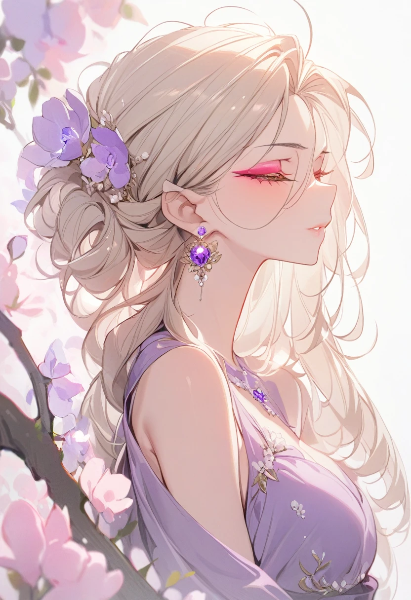 (masterpiece, best quality:1.2), 1 Girl, Solitary, Skin details, Beautiful facial features, Exquisite makeup, Exquisite eyes, Eye details, Gorgeous purple dress, Profile, Close your eyes, Messy hair, Shimmer