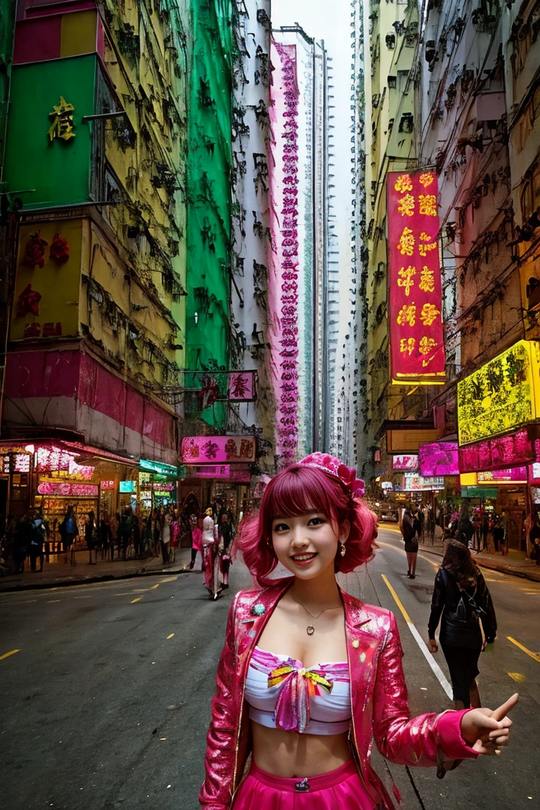 hong kong, day, (low angle shot), take photo from bottom, (Awkward,blush :1.3), Alafi girls take photos in colorful clothes, y 2 k cutecore crowncore, Lovely Decora Rainbow Core, Lovely high quality rendering, Candy Girl, Deco, Unreal Engine : : Carnival Makeup, Working Girl, raver girl, Carnival Costumes, Glitch Punk Girl, soda themed girl, Lively and cheerful, 80s pin-up style, Hong kong,