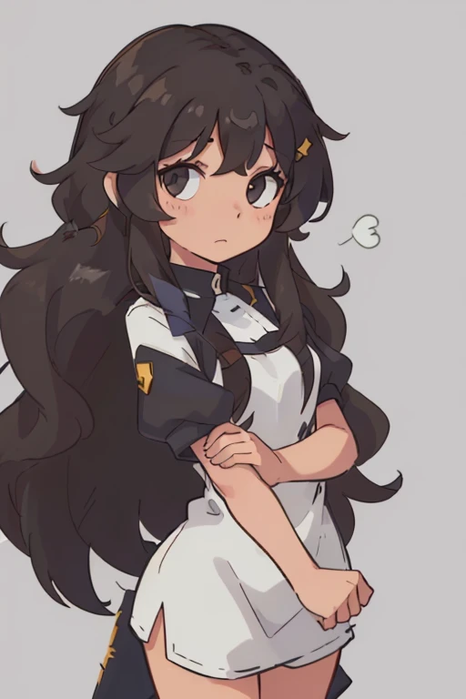 A long curly hair for a girl. She's not white nor black, just a tan skin. Has a black/brown eyes. And in a uniform.