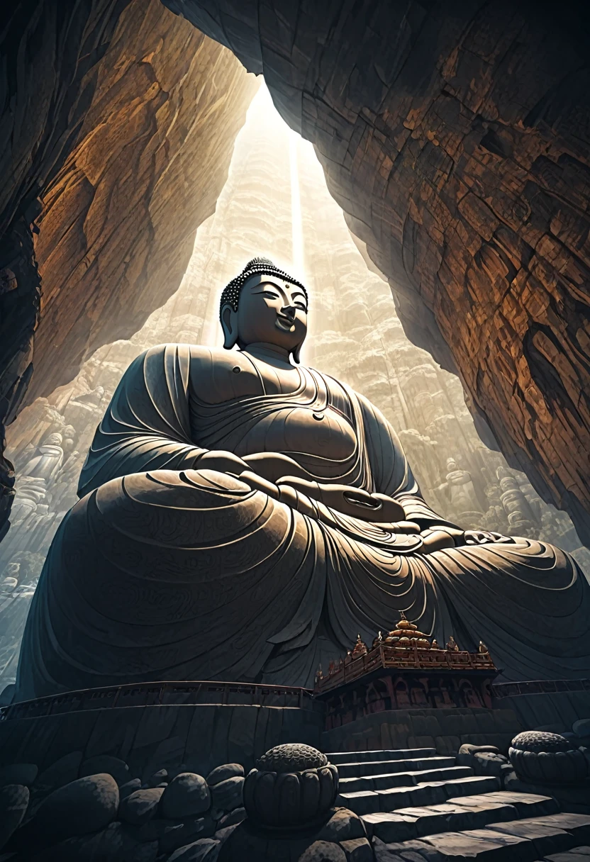 ( perfect anatomy ) A huge Buddha statue,Inlaid in the cliff cave with majesty, Low angle view from below. Movie atmosphere lighting. Retro style stone statue. Extremely detailed. Majestic Buddha statue. Low angle view. Art trend. Intricate patterns and textures.、Attention to detail. Highly detailed structural digital art., high detail, High quality digital art animation style