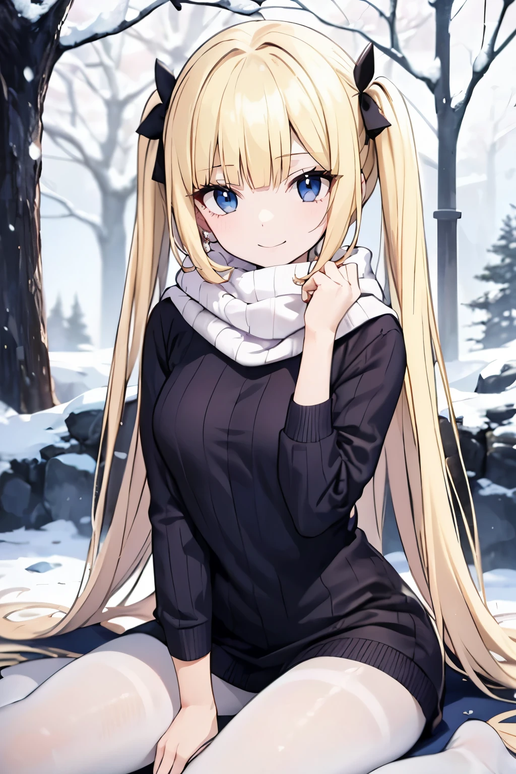 Safe for work, masterpiece, best quality, solo, 1 girl,  cute girl, wholesome girl, (young female body:1.4), ( medium small breasts), cowboy shot, shy smile, flustered, yellow hair, voluminous wavy hair, extra long hair, hime cut, very blunt bangs, light blue eyes, detailed eyes, snowy forest trees, snow, knit sweater dress, light pink sweater dress, scarf, white pantyhose, pink sweater dress, knit dress, pigtails, sitting in snow, butterfly sitting, sitting with crossed legs, hands in lap, sitting butterfly position 