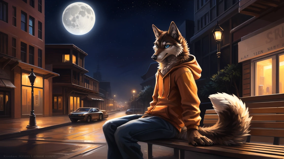 ((Solo)), male people, anthro wolf, (Multi-colored fur, White-brown:1.3), ((Wolf face, Big eyes, White eyelids, Blue pupil, Slim:1.2) (Tough, Calm expression:1.2)), (Height 2.1 meters,Tail length 1.5m), Abs, Slim, pinging, (Correct anatomy), (Contour bone:1.2), (detailed outfits), (Orange hoodies), a long large tail,Feet,(Realistic fur, Detailed fur texture, labeled:1.3)), (Natural lighting), Photorealistic, Hyperrealistic, ultradetailed, by Kenket,In the modern city, On the street, Sit on wooden bench,the night,Sit alone,Look at the full moon,It was dark,Starry