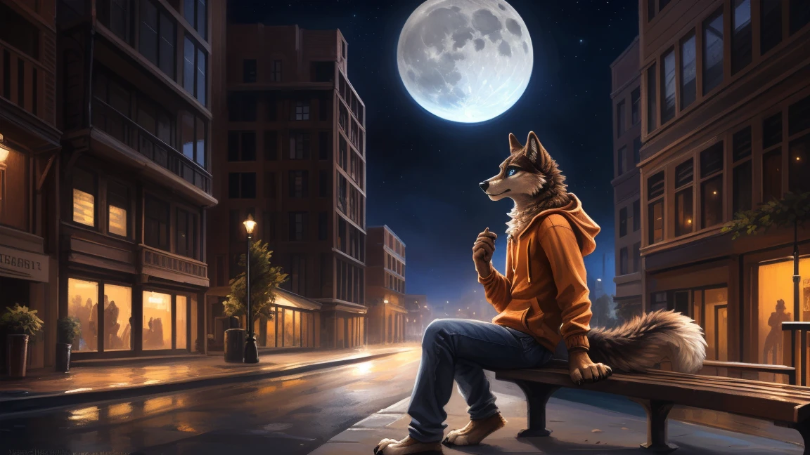 ((Solo)), male people, anthro wolf, (Multi-colored fur, White-brown:1.3), ((Wolf face, Big eyes, White eyelids, Blue pupil, Slim:1.2) (Tough, Calm expression:1.2)), (Height 2.1 meters,Tail length 1.5m), Abs, Slim, pinging, (Correct anatomy), (Contour bone:1.2), (detailed outfits), (Orange hoodies), a long large tail,Feet,(Realistic fur, Detailed fur texture, labeled:1.3)), (Natural lighting), Photorealistic, Hyperrealistic, ultradetailed, by Kenket,In the modern city, On the street, Sit on wooden bench,the night,Sit alone,Look at the full moon,It was dark,Starry