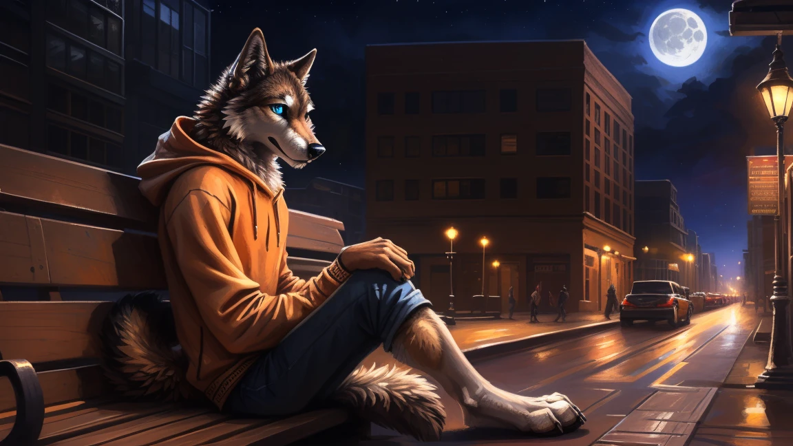 ((Solo)), male people, anthro wolf, (Multi-colored fur, White-brown:1.3), ((Wolf face, Big eyes, White eyelids, Blue pupil, Slim:1.2) (Tough, Calm expression:1.2)), (Height 2.1 meters,Tail length 1.5m), Abs, Slim, pinging, (Correct anatomy), (Contour bone:1.2), (detailed outfits), (Orange hoodies), a long large tail,Feet,(Realistic fur, Detailed fur texture, labeled:1.3)), (Natural lighting), Photorealistic, Hyperrealistic, ultradetailed, by Kenket,In the modern city, On the street, Sit on wooden bench,the night,Sit alone,Look at the full moon,It was dark,Starry