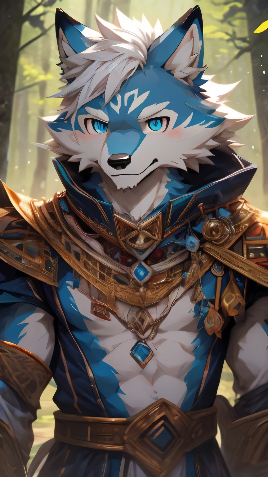 White fur,白Wolf兽人,Blue pupils,medium height,Thin body type,White hair,白Wolf兽人,short hair,Croak,male,Exquisite eyes,Forest Background,Wolf,4K,8k,White hair,White forehead,petal
