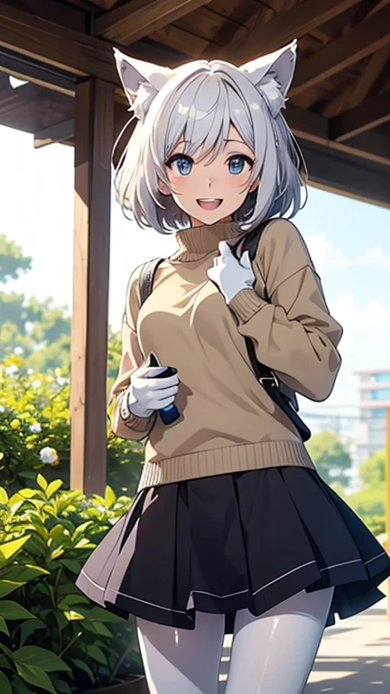 Tabletop High resolution Best image quality 8k Adult female Anime Style White long gloves(Elbow hand pockets) White knit sweater(No sleeve) Beige mini skirt White Pantyhose White wolf ears short hair((Shortcuts)(Gray Hair)(Perm)(fluffy)) blue eyes Attractive face((Laughter)(smile)(Open your mouth)) Are standing Place your hands on your knees garden