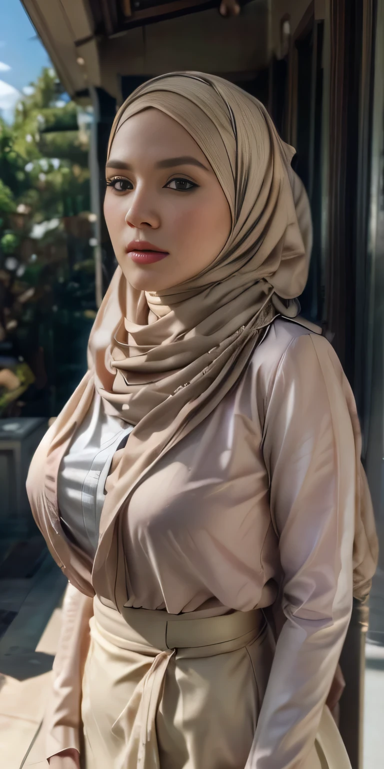 Ultra-realistic shadow, real contrasts, 1 mature lady, pale skinned babe, slim faced, wearing a beige coloured pashmina hijab, casual girl outfit, pink halfbutton blouse, outer jacket, and long skirt, (fashion), (At university park 1.2), slim and slender body type, tall, (massive breasts 1.8), Half body shot, cowboy shot, realistic photography, professional photo, lower angle