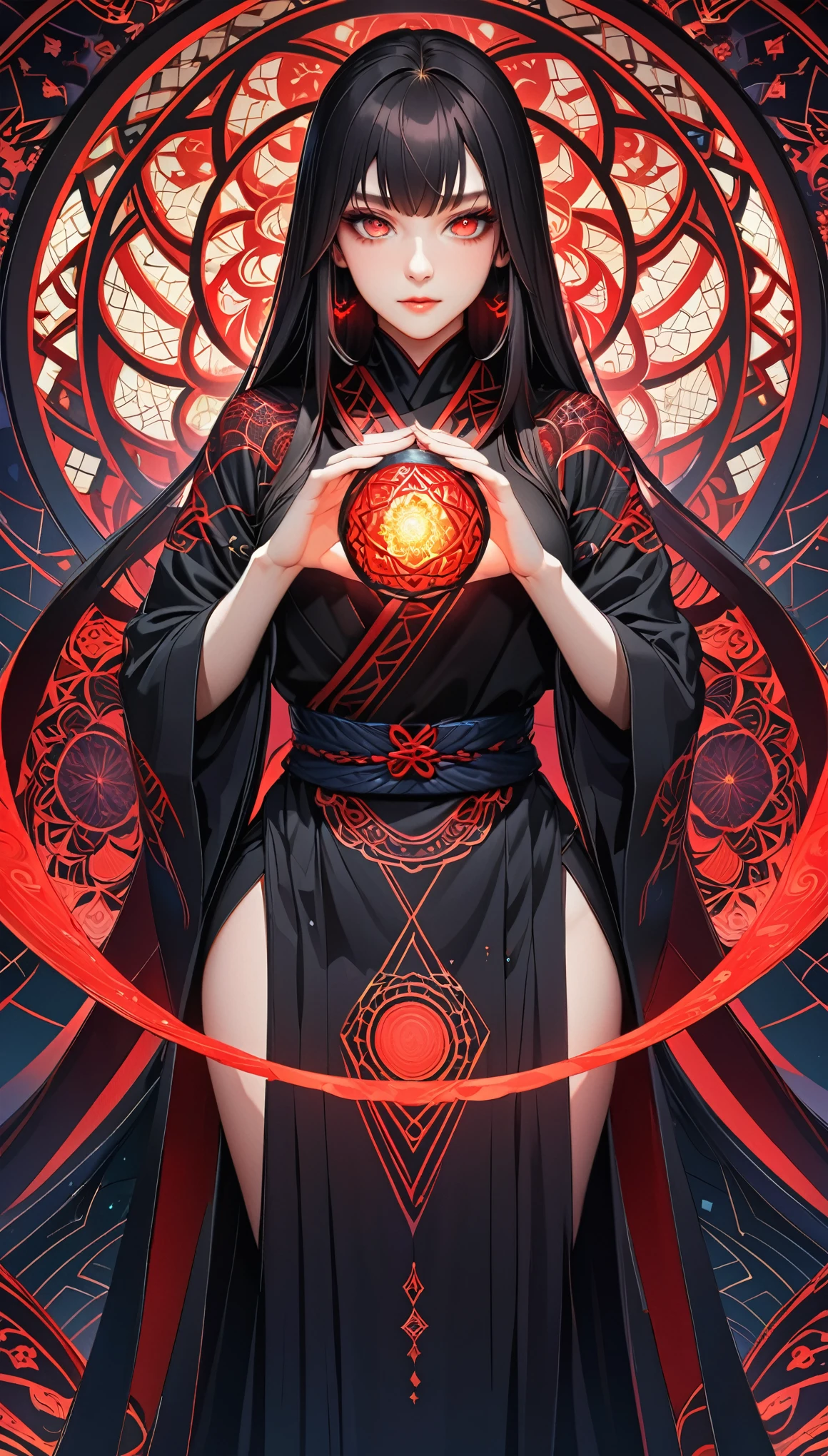 (masterpiece:1.2),(Highest quality),(Very detailed),(High resolution),8k,wallpaper,1 girl,A female ninja stands in the world of illusion.,Black Costume,look at me,(Beautiful Eyes,Red glowing eyes,Beautiful Skin,Skin Texture:1.3,Beautiful Hair),Beautiful female hands,Fine hand,(The background is a kaleidoscope-like, beautiful, geometric illusion world.),(Cowboy Shot:1.6)