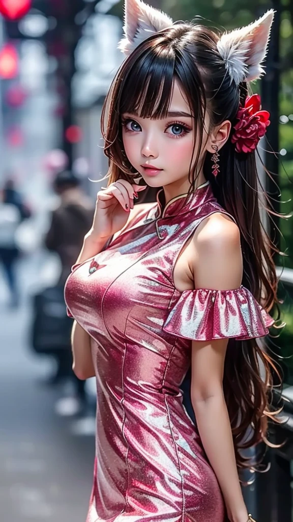 Animal ears　girl　A Chinese dress with a delicate red pattern　Big Breasts　slit